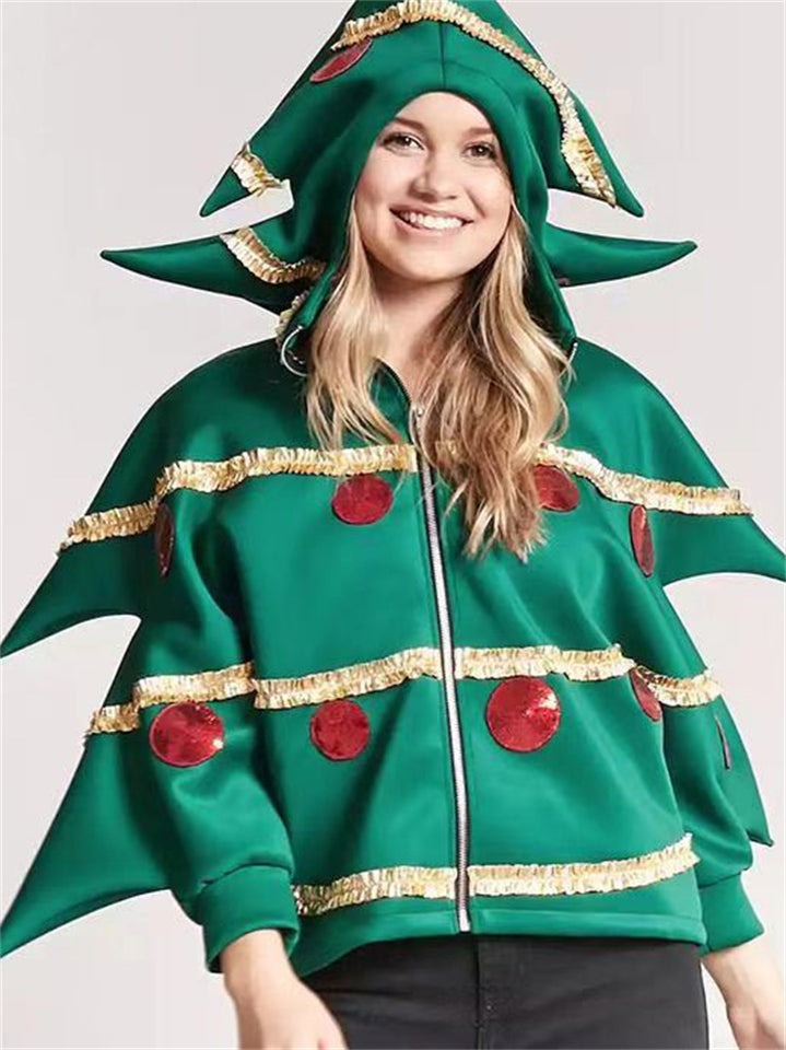Women's Green Christmas Tree Performance Costume Zip Up Long Sleeve Hoodie