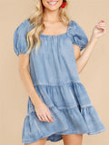 Women's Fashion Light Blue Denim Ruffled Hem Cake Dress