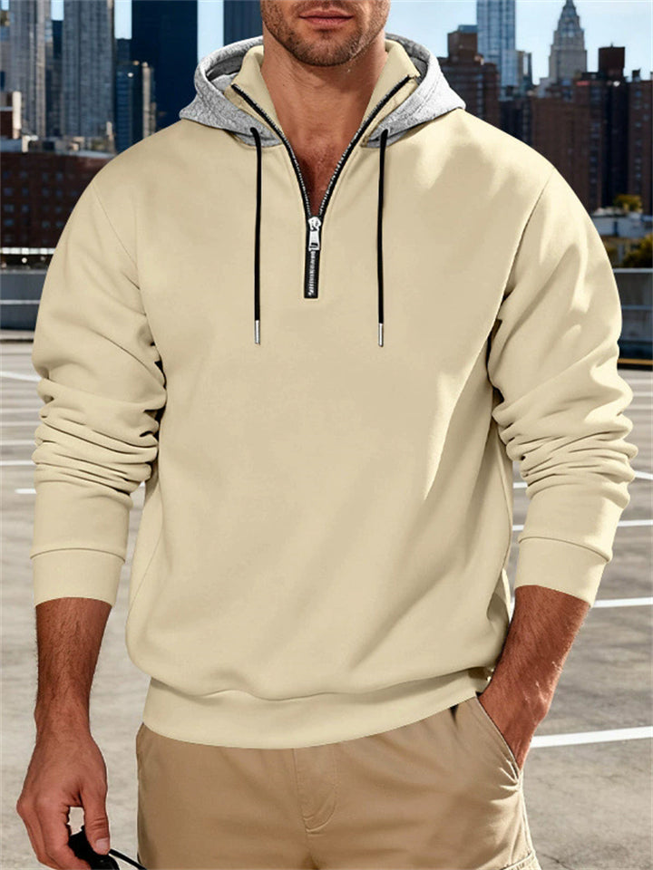 Men's Autumn Casual Half-Zip Drawstring Contrast Color Fleece Hoodies