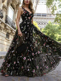 Women's French Style Deep V Neck Backless Embroidery Black Dress