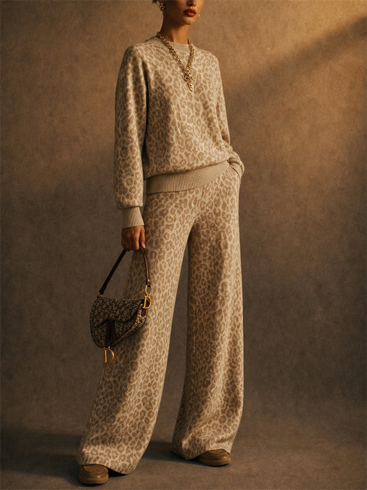 Women Leopard Print 2 Piece Lounge Sweatshirts and Wide Leg Pants Set