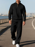 Men's Casual Solid Color Pit Stripe Drawstring Stand Collar Sweatshirts & Sweatpants Outfit