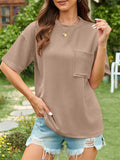 Women's Solid Color Stripe Pockets Short Sleeve Shirts