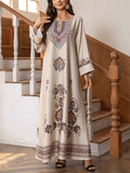 Women's Retro Printed Beads Round Neck Muslim Robe Dress