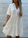 Women Casual Loose V Neck Short Sleeve Tiered Shirt Dress