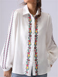 French Style Floral Embroidery Lapel Long-sleeve Blouse