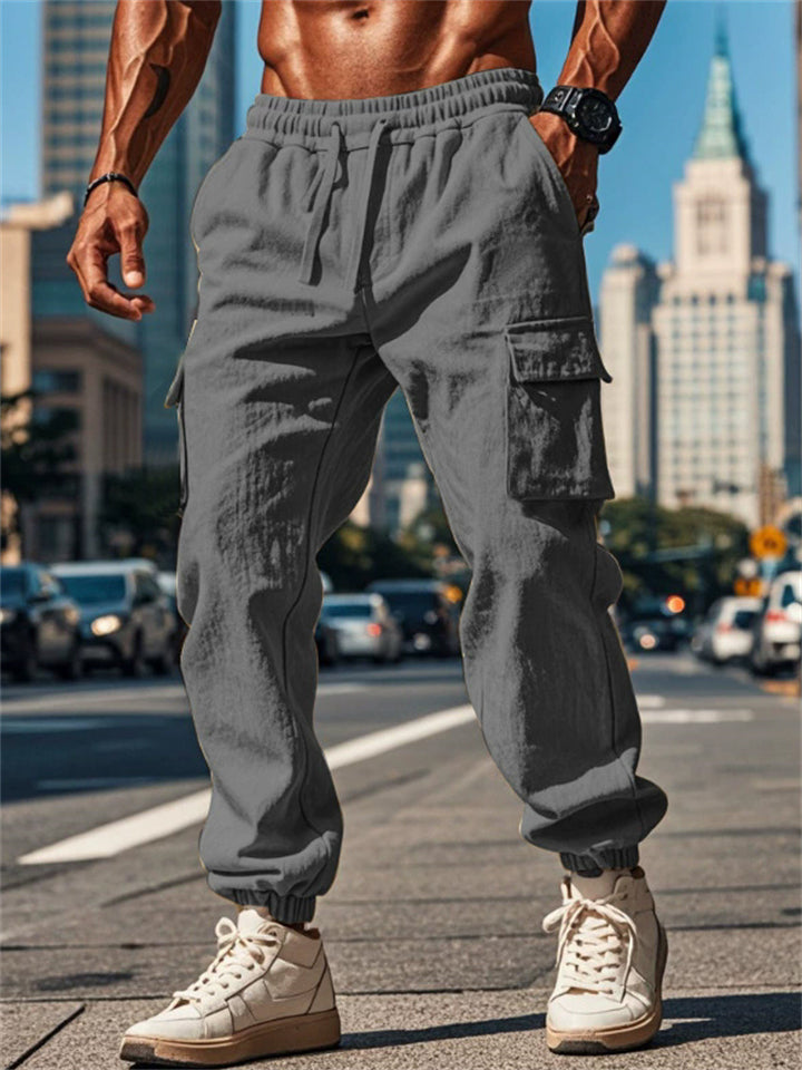 Men's Casual Solid Color Multi-pockets Drawstring Straight Jogger Trousers