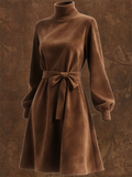 Casual Suede Turtleneck Dress for Women with Belt and Puff Sleeves