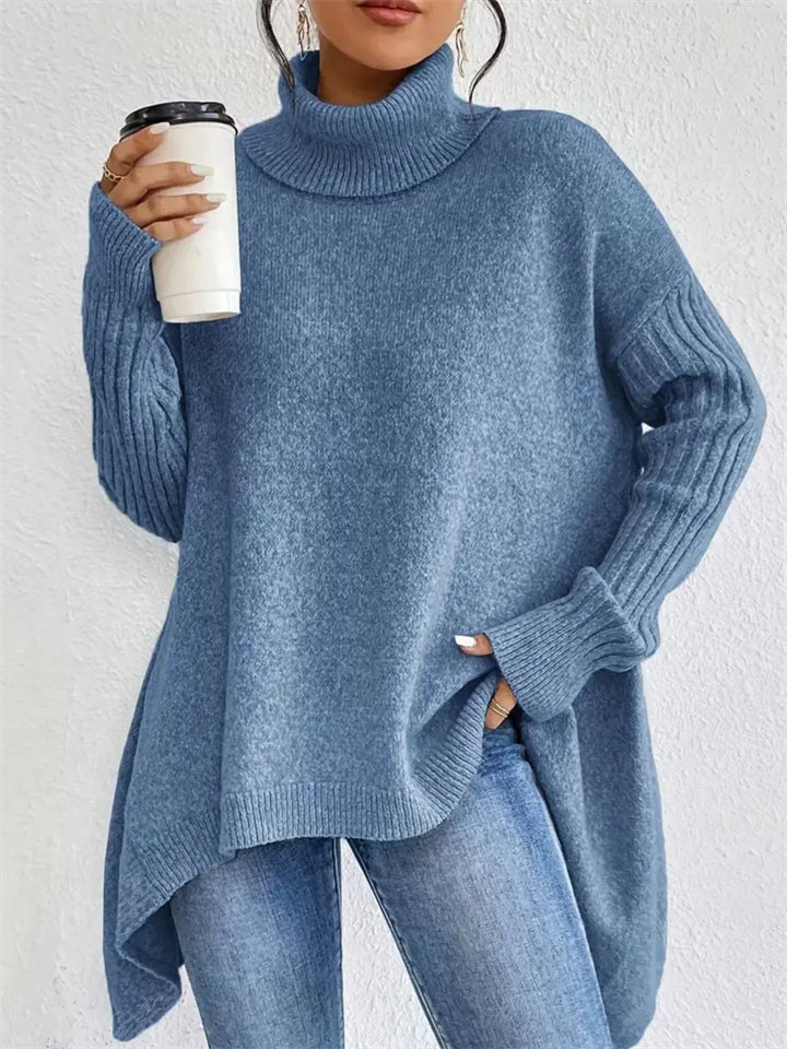 Plus Size Ladies' Blue High Neck Drop Shoulder Asymmetric Hem Sweaters