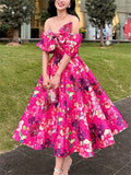 French Style Women's Bow Tie Floral Print Big Hem Midi Dress