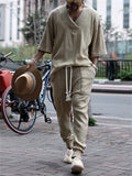 Men's Thin Knitted V-neck Tops & Drawstring Trouser Set