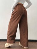 Women's Drawstring Loose Fit High Waist Corduroy Wide Leg Pants