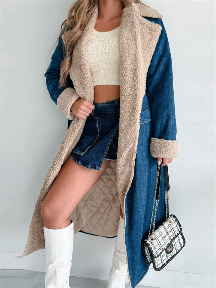 Trendy Long Fuzzy Coat for Women with Denim Sleeves and Faux Fur Lining
