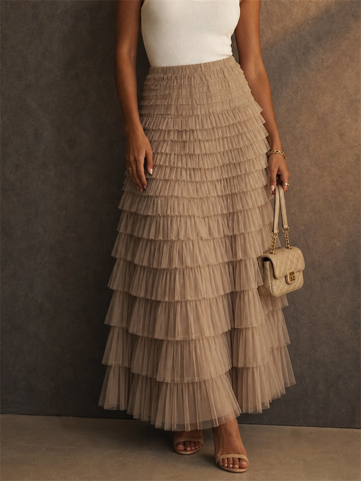 Womens High Waisted Tiered Tulle Layered Mesh Ruffle Maxi Skirts