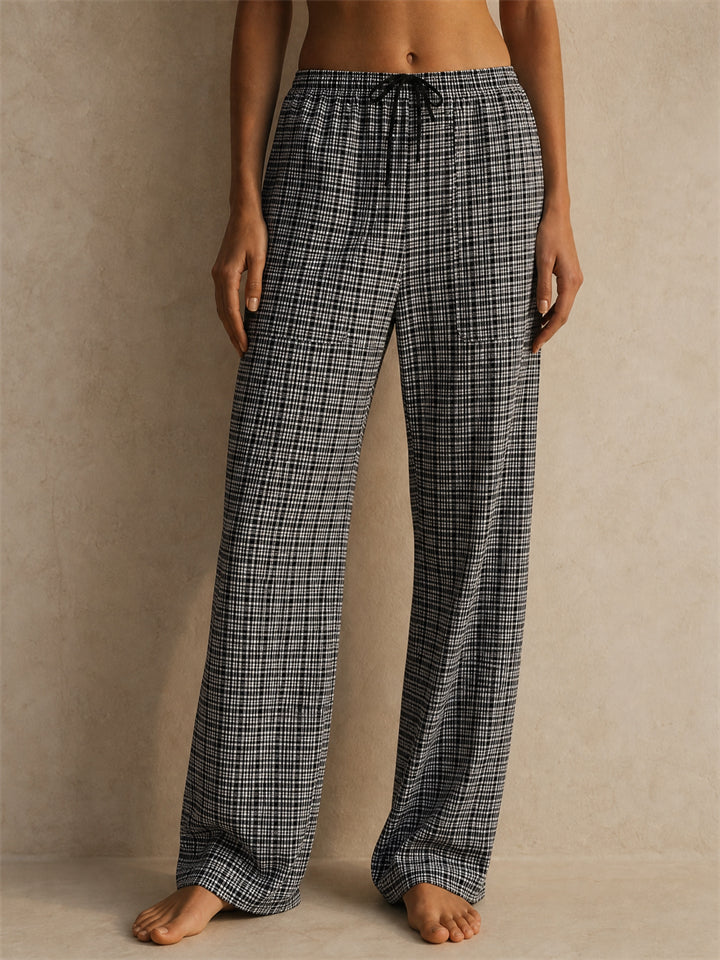 Women Plaid Elastic Drawstring Waist Wide Leg Lounge Pants