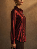 Womens Red Metallic Shiny Long Sleeve Button Down Blouses