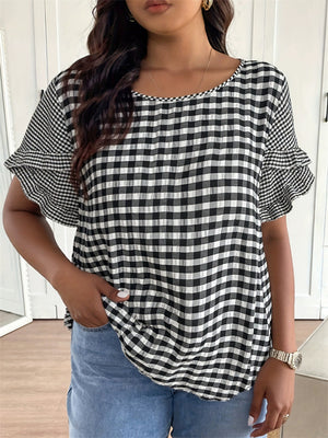 Women's Summer Plaid Round Neck Short Sleeve Shirt