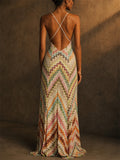 Women Crochet Zigzag Halter Backless Slim Fit Boho Beach Maxi Dress