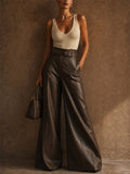 Women Faux Leather High Waist Wide Leg Belted Flared Pants