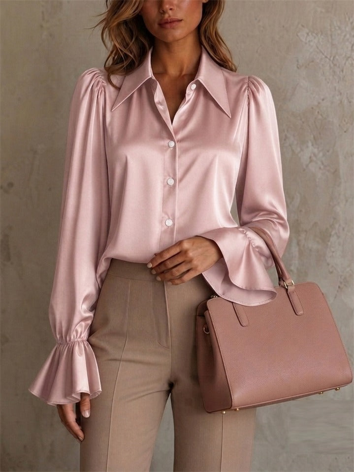 Women Satin Silk Blouse Ruffle Cuff Long Sleeve Office Top