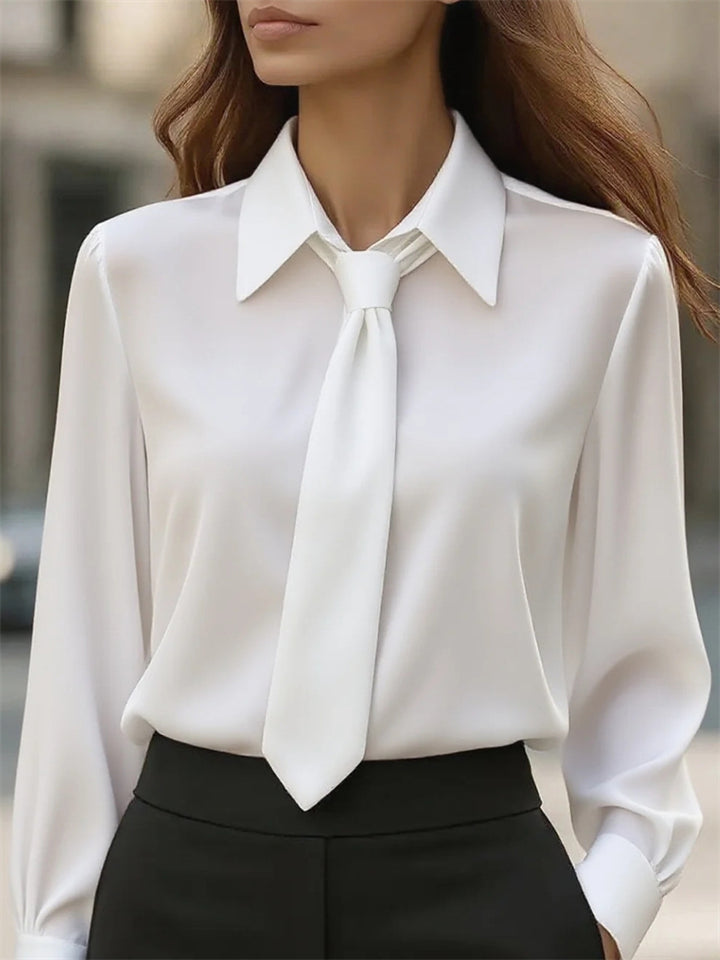 Ladies' Elegant Simple Solid Color Long Sleeve Blouses with Tie