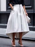 Women's Trendy Solid Color Pleated Zip Up High Waist Asymmetric Hem Skirts