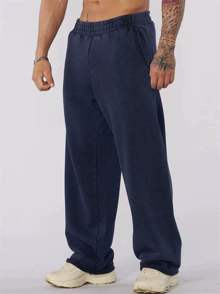 Men's Casual Solid Color Sports Mid Waist Elastic Straight Wide Leg Trousers