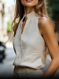 Ladies' Elegant Solid Color V Neck Pullover Sleeveless Blouses