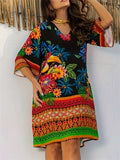 Women's Summer Ethnic Style Print Contrast Color V Neck Knee Length Dress