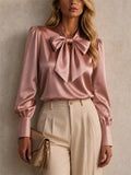 Women Elegant Satin Bow Tie Blouse Puff Sleeve Top
