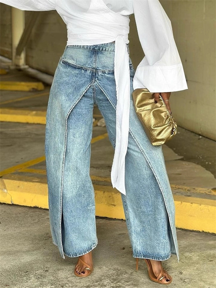 Women's Distressed Y2K Street Style Fake Two Piece Baggy Demin Pants