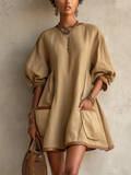 Womens Khaki Contrast Trim Oversized Textured Pocket Mini Dress