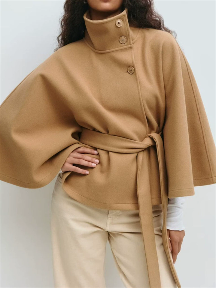 Ladies' Elegant Solid Color Stand Collar Tie-waist Cloak Trench Coats