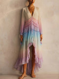Women Boho Ombre V Neck Tiered Pleated Beach Maxi Dress