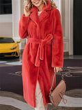 ‌Women's Faux Fur Lapel Lace Up Long Cardigan Coat Winter Warm‌