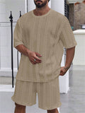 Men's Solid Color Jacquard Round Neck Top and Pants Set