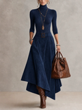 Women Turtleneck Top and Faux Suede Asymmetric Maxi Skirt Two Piece Set