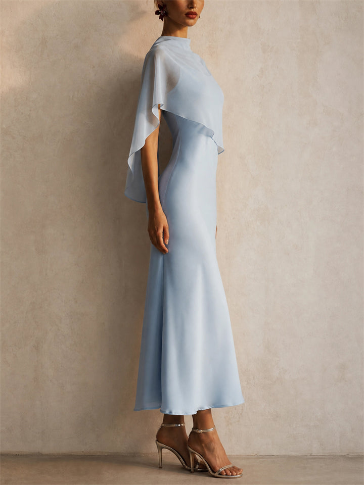 Womens Elegant Chiffon Capelet Overlay Wedding Guest Midi Dress