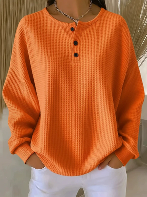 Women's Autumn Round Neck Waffle Solid Color Pullover Loose Long Sleeve Shirts