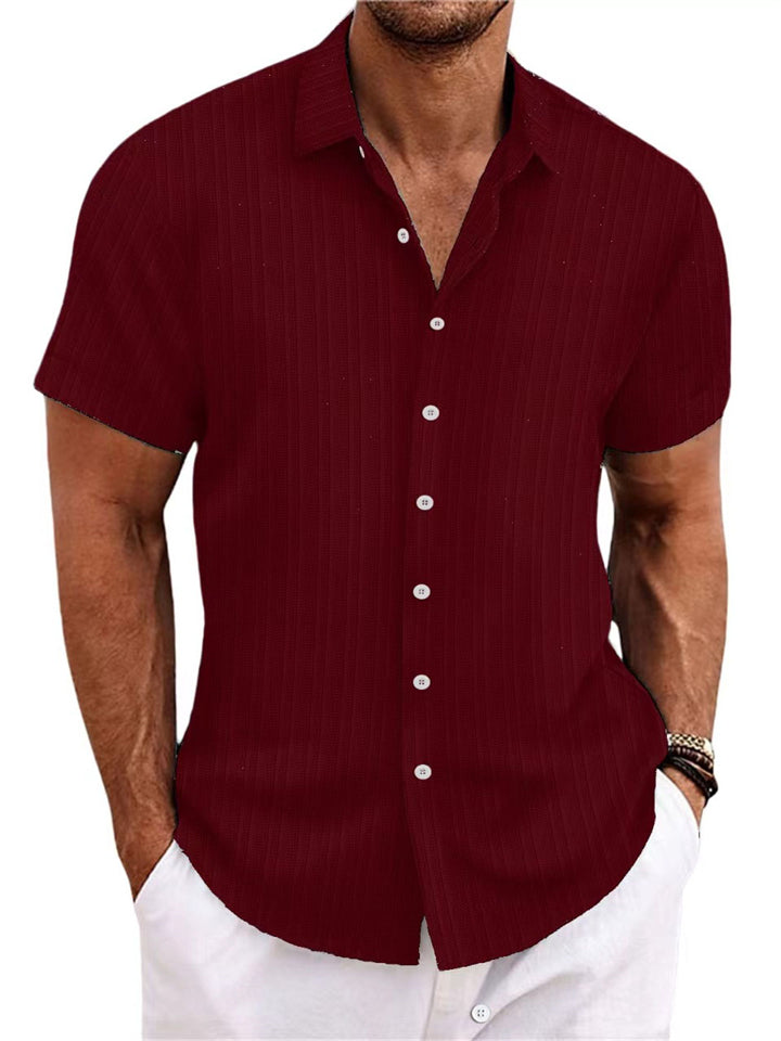Men's Striped Texture Cotton Linen Short Sleeve Shirt