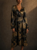 Women Gold Black Metallic V Neck Long Sleeve Cocktail Dress