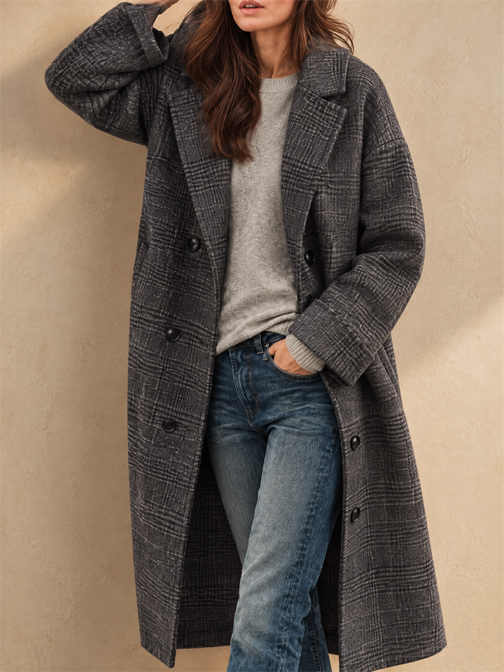 Women Trendy Plaid Double Breasted Long Trench Coat