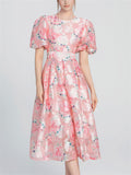French Style Elegant Pink O-Neck Floral Jacquard Midi Dress For Women