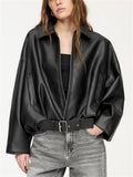 Women's Trendy Solid Color Zip Up Lapel Faux Leather Bomber Jackets