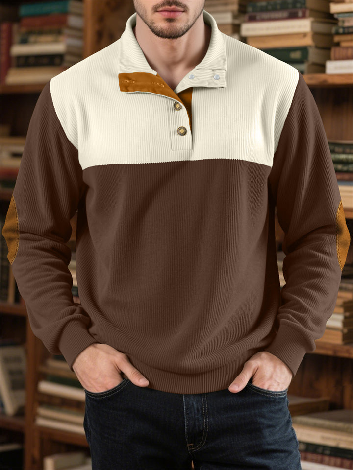 Men's Contrast Color Corduroy Button Up Sweatshirt with Elbow Patches