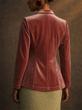 Women Elegant Velvet Leopard Print Trim Tailored Blazers