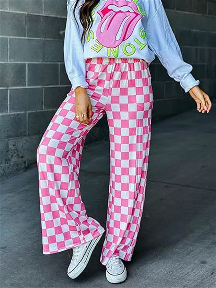 Women's Casual Checkerboard Plaid High Rise Wide Leg Pants