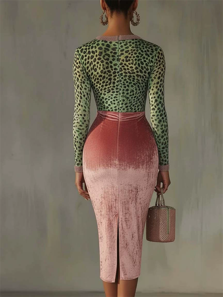 Long Sleeve Green Leopard Print and Pink Velvet Patchwork Pencil Dress for Women