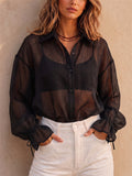 Women Black Sheer Lantern Sleeve Button Down Blouse Shirt