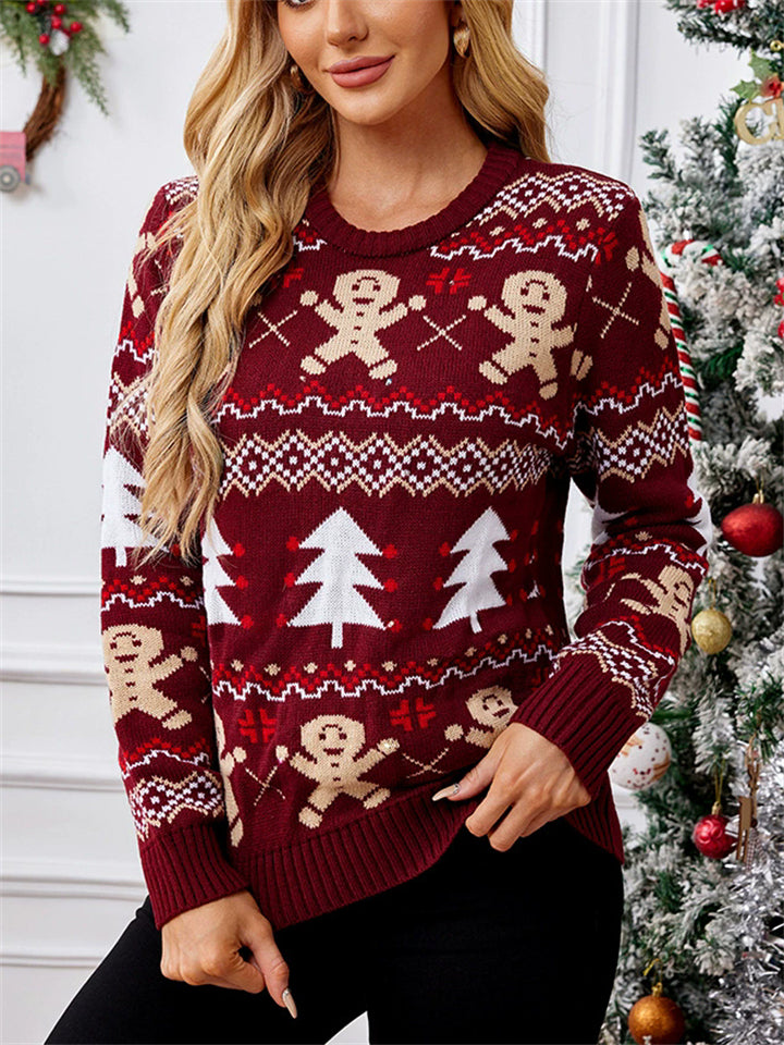 Women's Gingerbread Man Jacquard Round Neck Pullover Christmas Sweaters